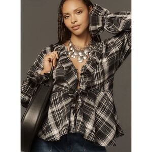 Pilcro Anthropologie Plaid Ruffle Long Sleeve Blouse Top Shirt Womens Size Small